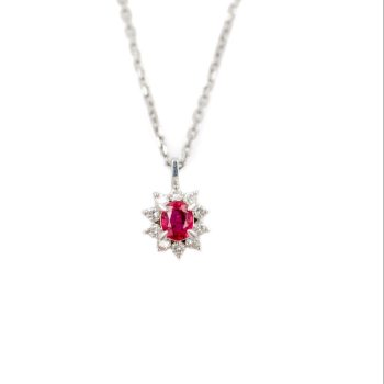 Ruby and diamond halo necklace