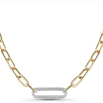 Elongated paperclip necklace with diamonds
