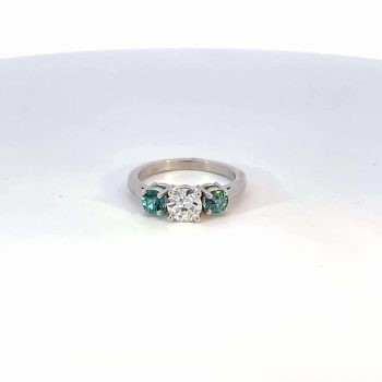 3 stone diamond and blue Maine tourmaline ring