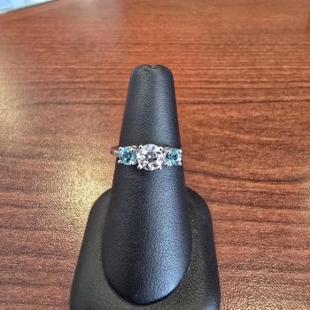 3 stone diamond and blue Maine tourmaline ring