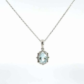 White Gold Oval Aquamarine and Diamond Pendant