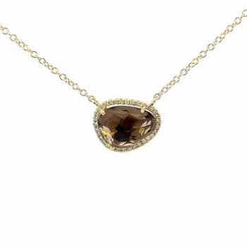 Yellow Gold Quartz Necklace with Diamond Halo